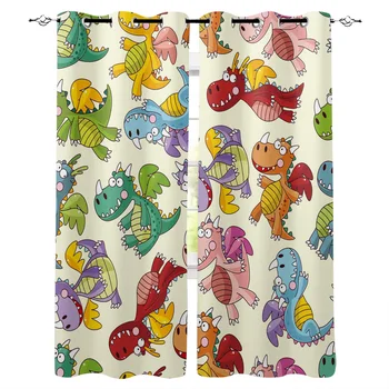 

Cartoon Dinosaur Window Curtains LivingRoom Kitchen Curtains for Bedroom Left and Right Biparting Open Curtains