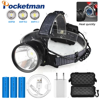 

USB Rechargeable LED headlamp xhp90.2 powerful Headlight XHP70 Zoom high power fishing headlamp torch Heat dissipation Camplight