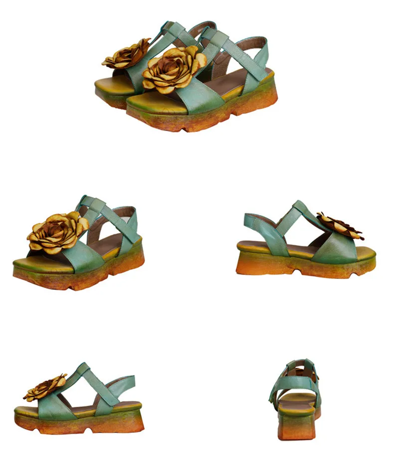 Genuine Leather Hand Painted Women Wedge Sandals Retro Flower Soft Ankle Strap Platform Sandal Retro Summer Lady Shoes High Heel (5)