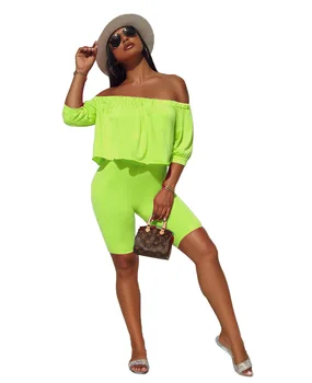 

Summer Autumn Women Two Piece Set Top and Pants Plus Size Tracksuit Sweatsuit Outfit Solid Color Slash Neck Top and Shorts Sets