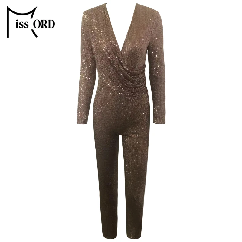 Missord V Neck Long Sleeve Sequin Playsuit Fashion Female Elegant Jumpsuit FT19885