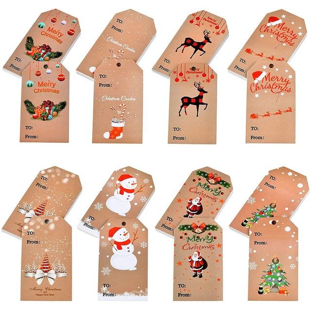 100pcs Merry Christmas Gift Tags Kraft Paper Card Hang Tag Christmas Party  Fa-$b