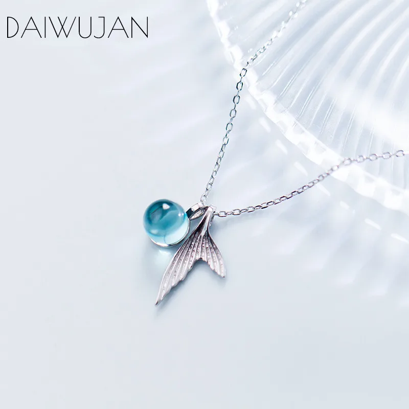 DAIWUJAN Real 925 Sterling Silver Blue Crystal Mermaid Foam Pendant Choker Necklace For Women Tail Romantic Wedding Jewelry Gift