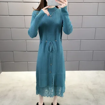 

Autumn Women Knit Sweater Dress Long Sleeve Half-Neck Female Jumper Dress Solid Lace Up Ladies Long Sleeve Knitted Sweater 2020