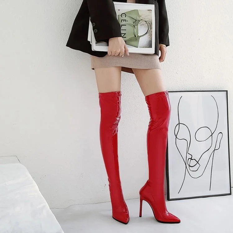 Women Pole Dance Shoes Woman Dancing Boots 2021 New Sexy Stiletto High Heels Knee High Boots Red Leather Elastic Women's Large