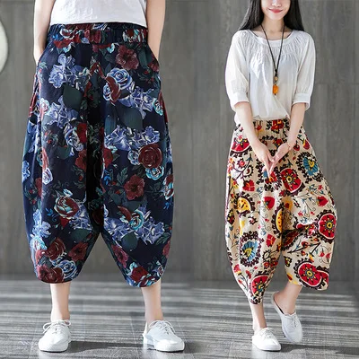 

2020 Autumn Retro National Style Big Size Women Wide Leg Pants Loose Elastic Waist Print Pleated Linen Pants Streetwear Clothes