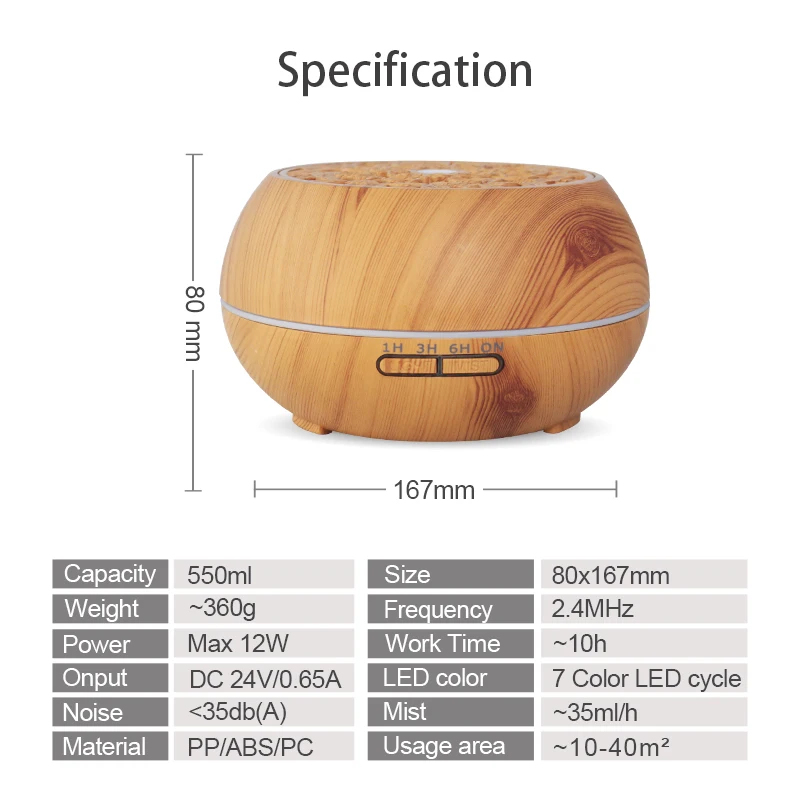Soar Hollow wifi aromatherapy machine 7-color led light air humidifier 550ml wooden aroma diffuser