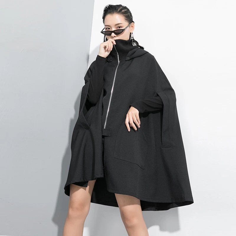 [EAM] женский черный Тренч большого размера, новинка, свободная ветровка с капюшоном и длинным рукавом, модный Тренч Осень-зима 1B701