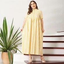 

New Summer Long Dress Women Yellow White Striped Button Short-sleeve Pleated Stand Collar Casual Loose Maxi Dresses Robe