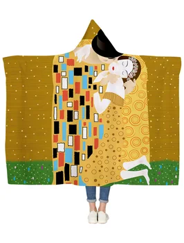 

Gustav Klimt'S Kiss Hooded Blanket Winter Travel Throws Fleece Hypoallergenic Anti-Static Lightweight Microfiber