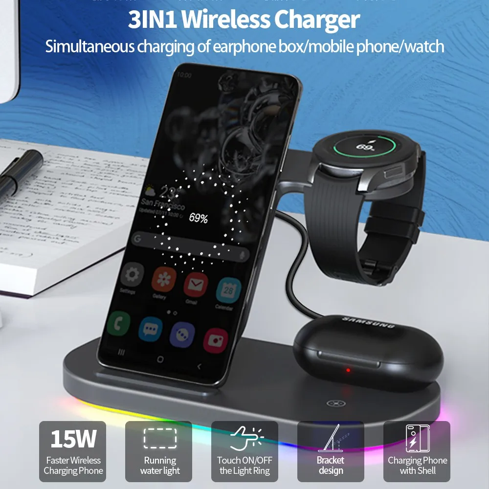 Estação Doca Carregador sem Fio 15w Suporte de Carregamento Rápido para Samsung Galaxy Relógio para Iphone 14 13 12 Huawei para Airpods em