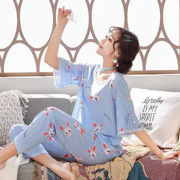 

New cotton pajamas comfortable ladies cartoon home clothes cute print pajamas pajamas set two sets of sleep suit pajamas