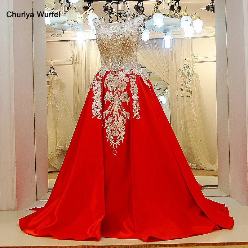 

LS87332 Long red formal dress o neck sleeveless beading crystals corset back satin robe de soiree arabe 100% real photo