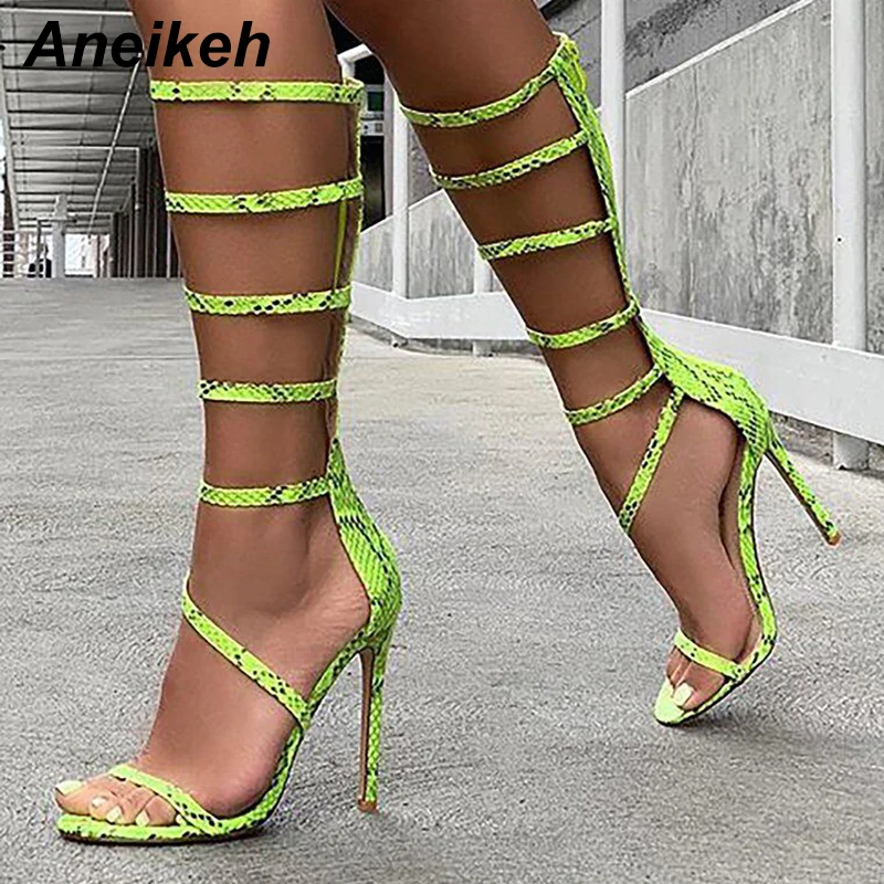 

Aneikeh New 2019 Rome PU Women's Boots Serpentin Summer Knee-High Boot Round Toe Thin High Heel Shallow Party Hollow Out Green