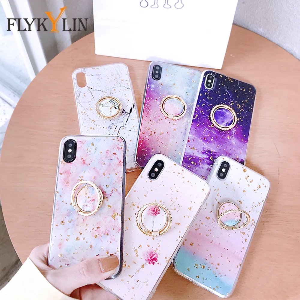 Marble Ring Holder Phone Case For iPhone 11 Pro Max XR X XS 7 8 6 Plus Soft Gold Powder Geometric Epoxy Cover Bag | Мобильные