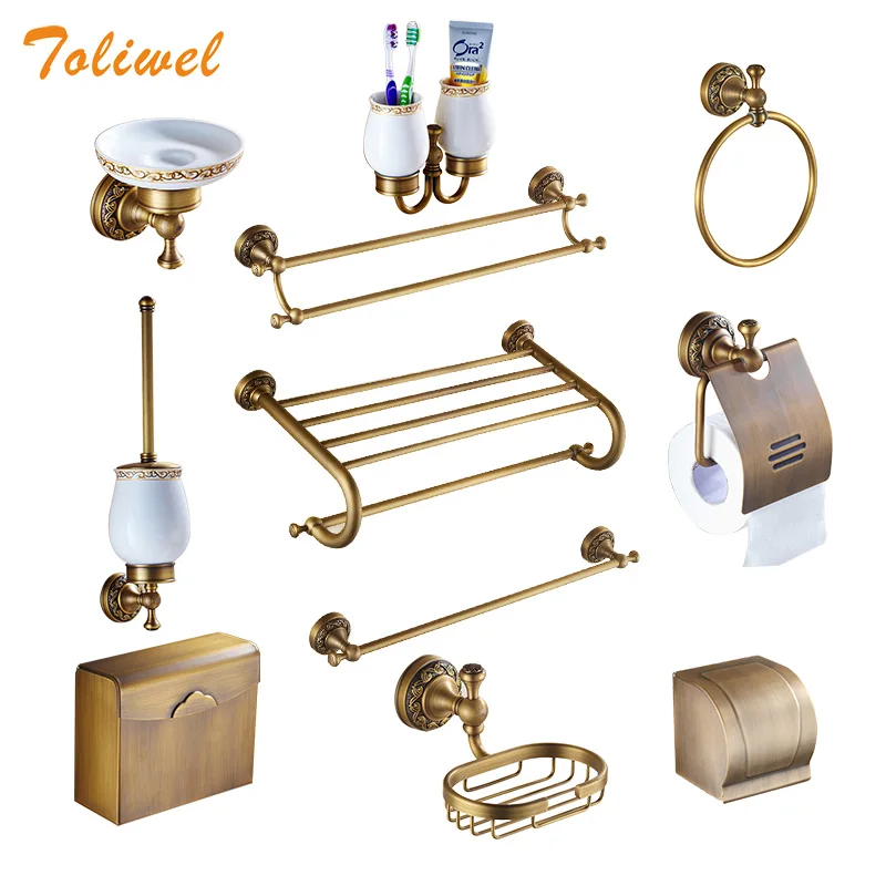 Bathroom Accessories Set Antique Brass Collection Carved  Wall Mounted Brass Hardware Towel Ring Bar Toilet Paper Holder Soap