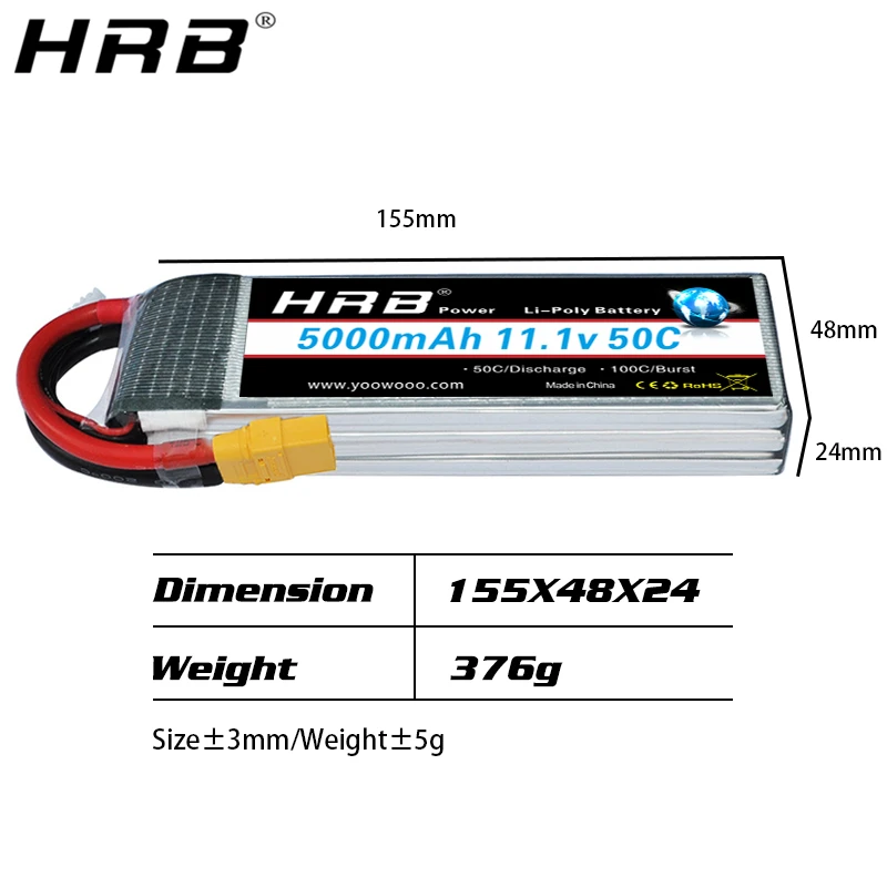 HRB-Batterie Lipo 3S, 11.1V, 5000mAh, 50C, Connecteur 60 Deans, pour Axial  RC Truggy, Réservoirs