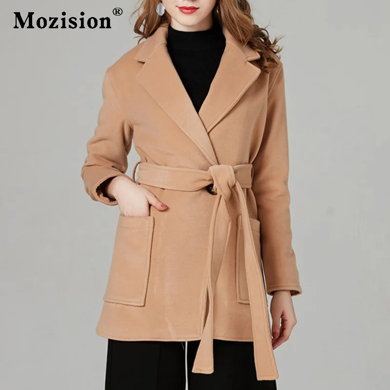 

Mozision Double-sided Woolen Coat Women Solid Lapel Long Sleeve Short Coat Female 2020 Winter New Office Lady Loose Belt Top