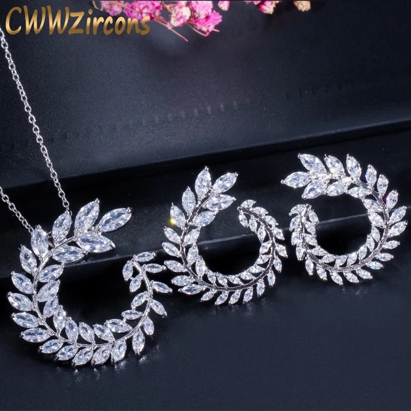 

Fashion Women Costume Jewelry Sparkly Olive Branch Marquise Cut Cubic Zirconia Pendant Necklace And Earrings Sets T087