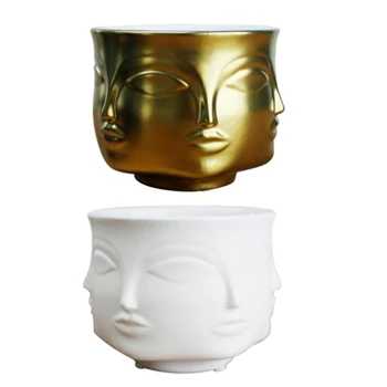 

2Pcs Face Flower Pot Decoration Potted Planting Garden Decoration White Pottery Vase Ceramic - Golden & White