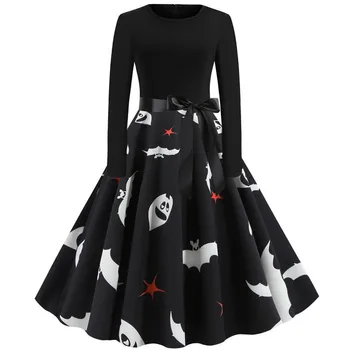 

Women Clothes 2019 Fall Winter Black Long Sleeve Halloween Party Dress Plus Size Elegant Ghost Print Vintage Pinup Vestidos Robe