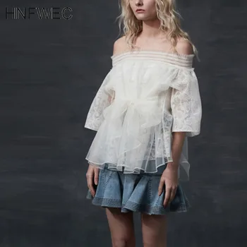 

2020 New Summer Fashion Women Slash Neck Flare Sleeves Lace Embroidery Pullover Shirt Female Blouse V305