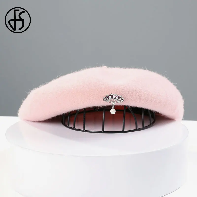 Женский шерстяной берет FS теплая черная или белая шапка во французском стиле для