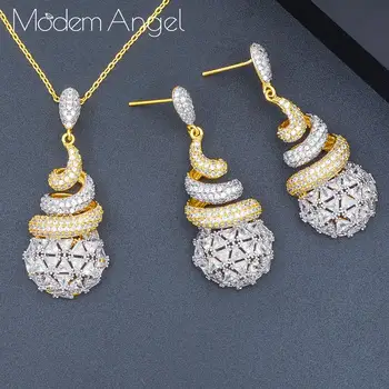 

ModemAngel luxury Snail trendy Wedding 2PCS NECKLACE EARRING Sets For Women Accessories Full Cubic Zirconia Earrings Jewelry