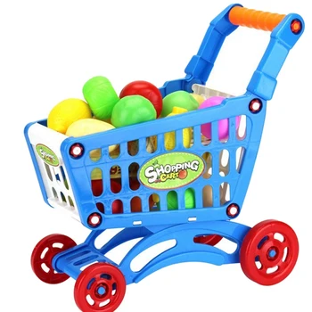 

1Set Kids Simulation Supermarket Shopping Cart Mini Trolley With Fruit Vegetable Blue