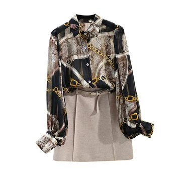 

WOMENGAGA Blouse Retro Women Shirt Lantern Sleeve Printed Ladies Tops Chic Black Shirt All Match Vintage Blouse Spring New XX219