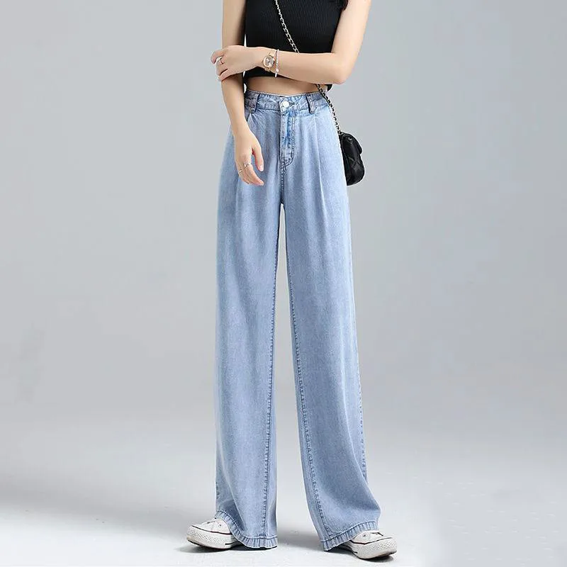 

Women Summer Thin Loose Denim Jean Elastic Waist High Waisted Retro Wide Leg Womens Straight Full-length Pants Jeans HOWDFEO
