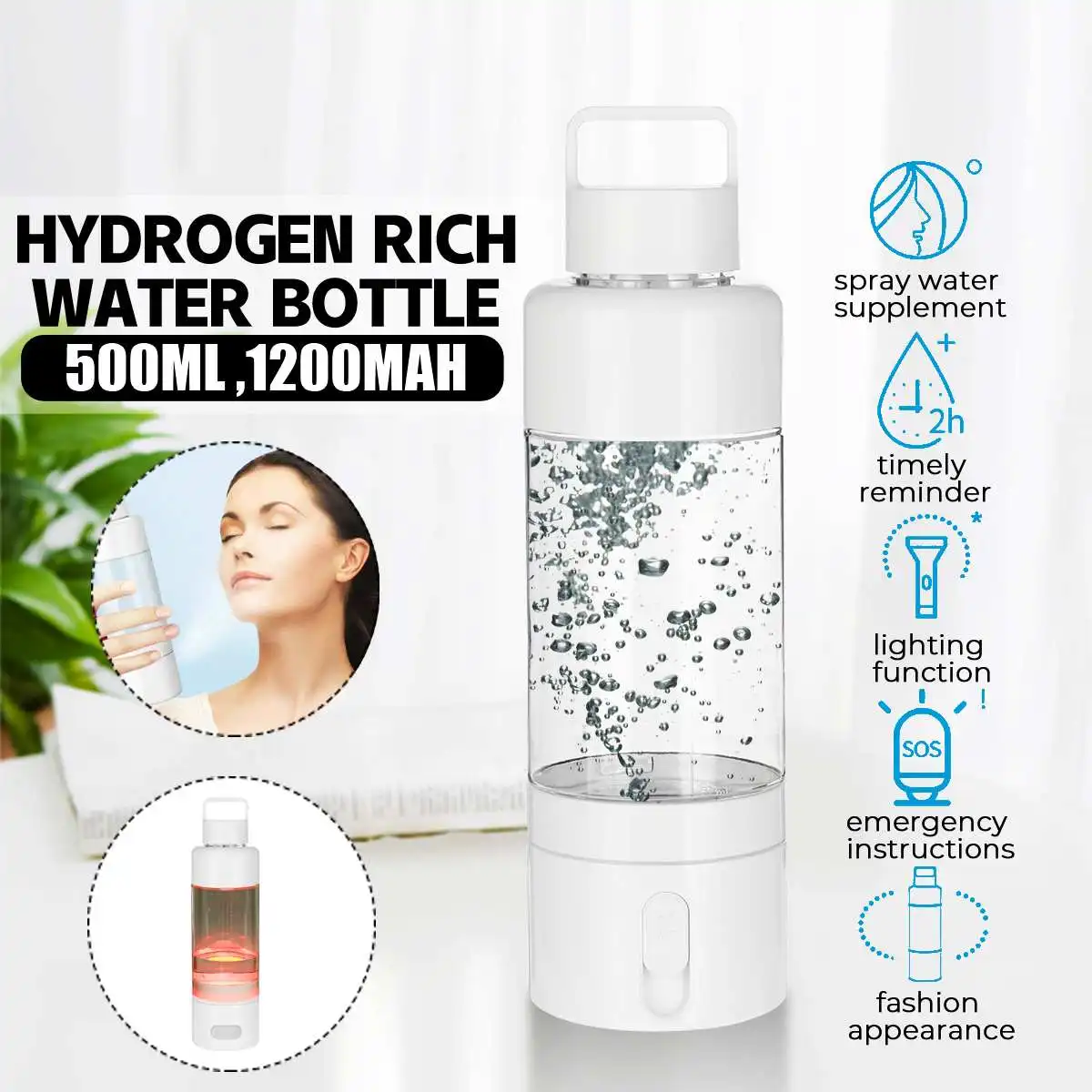 

500ml Hydrogens Rich Water Bottle Multifunction Water Pure Bottle 500-1000ppb Spray With Light Drinking Remind Rechargeable