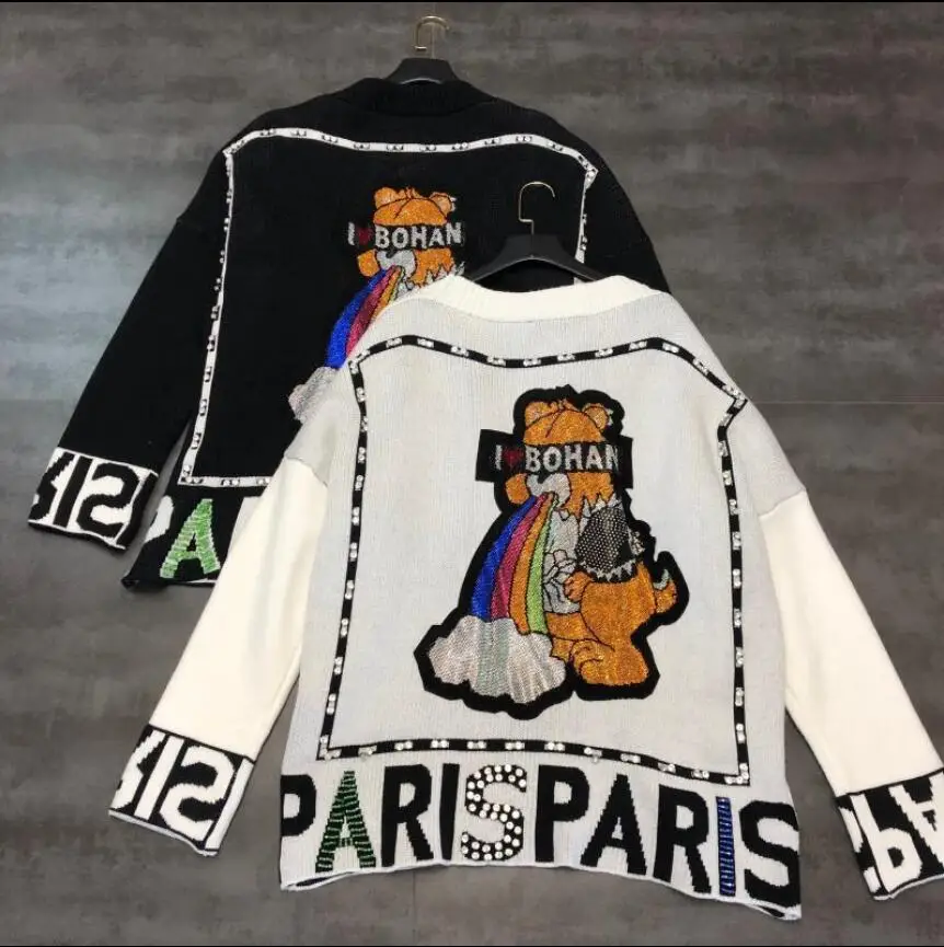 

New autumn 2019 back bear cardigan sweater with letters and beads