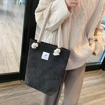 

Corduroy Handbag Women's Shoulder Package Foldable Reusable Shopping Beach Pouch Student Tote 30*34*11CM