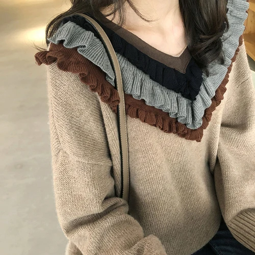 Woherb винтажный свитер для женщин с оборками и v-образным вырезом, пуловеры с длинными рукавами Harajuku, повседневное вязаное Свободное Топы, модные новые Джемперы 90903 - Цвет: coffee color