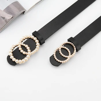 

Black leather belt ladies waist belts for women G cinturon mujer luxury brand pearl ceinture femme 2020 waistband jeans cintos