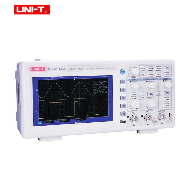 UNI-T UTD2052CEX цифровой накопитель осциллографы 2CH 50 МГц 1Gsa прицел метр 7 дюймов широкоформатный ЖК-дисплей USB OTG интерфейс