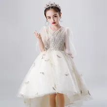 Детские милые вечерние платья для дня рождения, фестивалей, свадеб, спереди, с короткой спинкой, длинное Сетчатое платье, костюмы для маленьких девочек