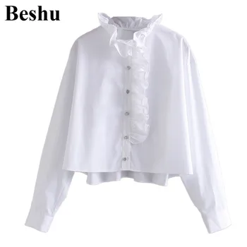 

za 2020 fashion blouse women white cotton ruffled-collar artificial diamonds button blouse single-breasted elegant blusas mujer