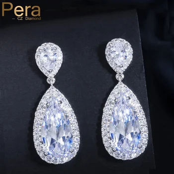 

Pera Classic Big Water Drop AAA+ Cubic Zirconia Silver Color Luxury Wedding Bridal Long Dangle Earrings Jewelry for Brides E016