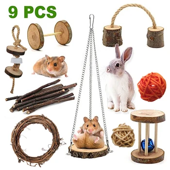 

9PCS Guinea Pig Toys Natural Wooden Pine Hamster Chew Toys Exercise Bell Roller Teeth Care Molar Toy For Bunny Rabbits Gerbils