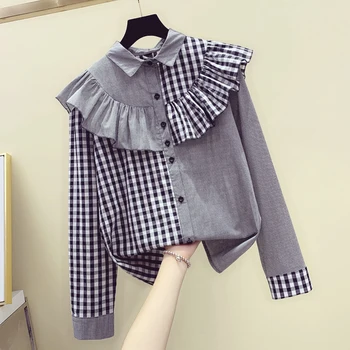 

Ruffle Panel Plaid Shirt Women 2020 Spring New Korean-Style Long-Sleeve Red Plaid Blouse Ladies Blouses and Tops Blusa Feminina