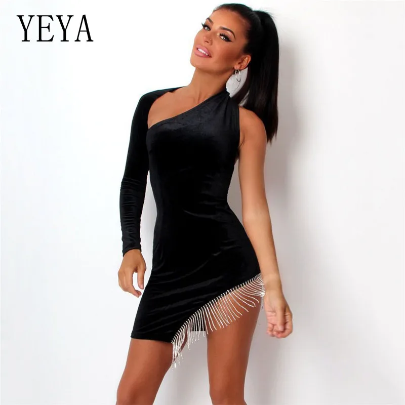 YEYA/черное платье на одно плечо с длинным рукавом, стразы, кисточка, мини-платье, женское элегантное сексуальное облегающее платье с вырезом, женские платья для вечеринок