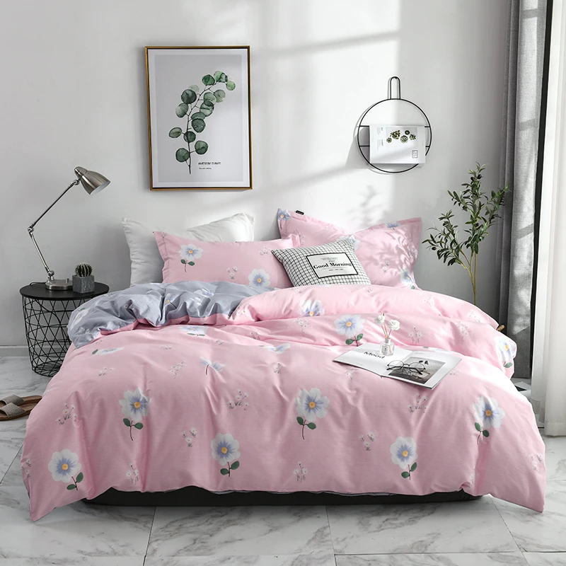 

2023 Four-piece bedding simple cotton double household bed sheet quilt cover thickening sanding dormitory bed sheet pink flowers