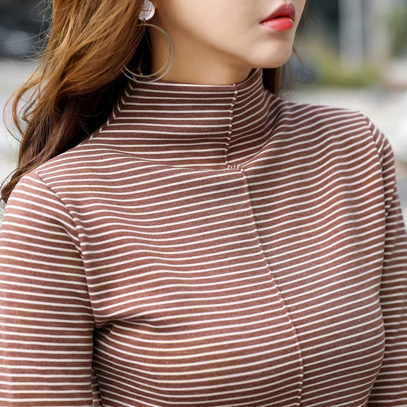 

Women Thick Warm Winter T-shirt Turtleneck Striped Full Sleeve Stretch Cotton Tops Basic Undershirt Basic Perfect Pullover S-3XL