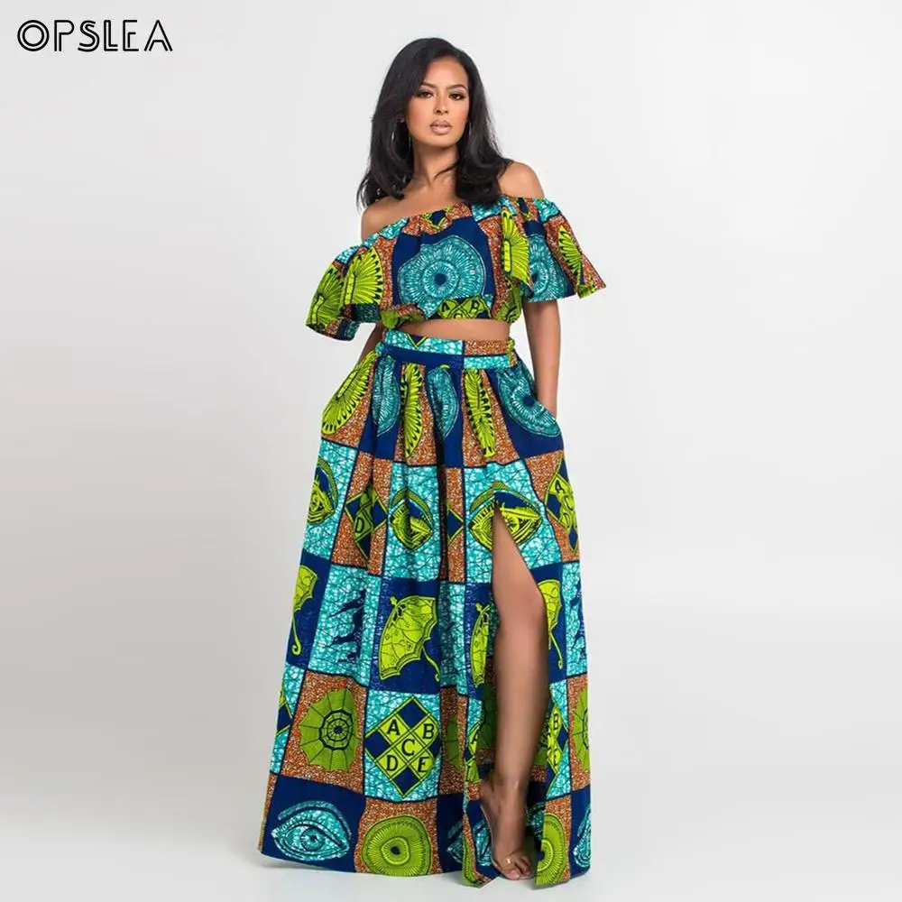 Opslea, африканские женские платья Анкара, Дашики, Африка, этнический принт, эластичная юбка, Модный комплект с одним плечом, африканская женская одежда