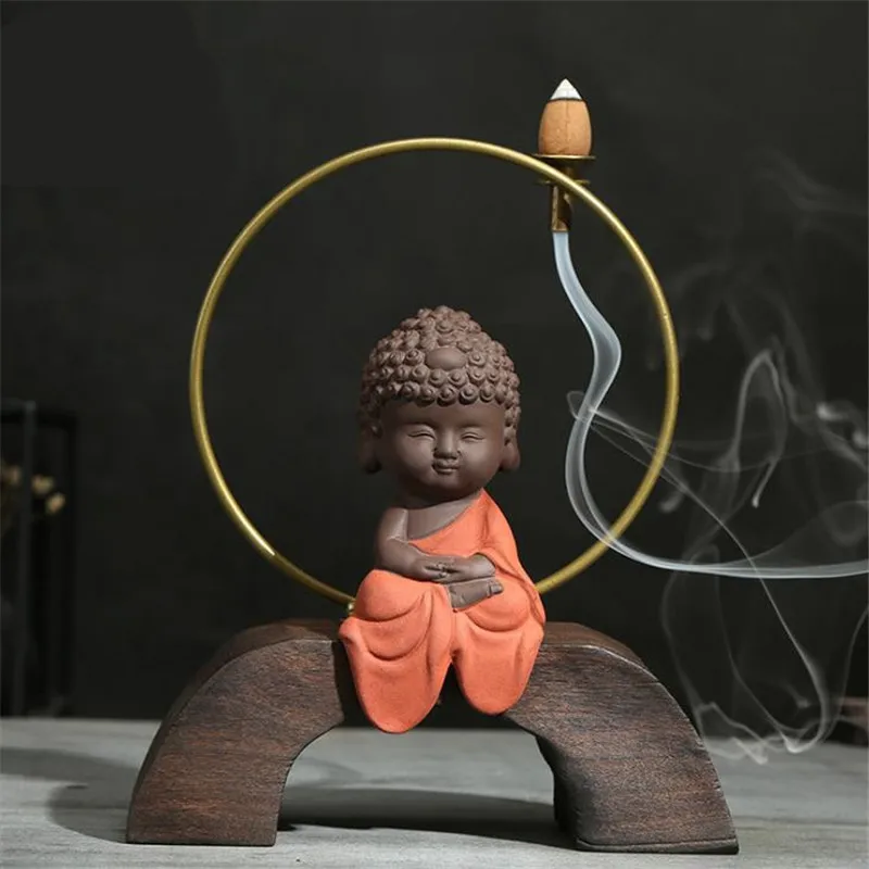 Дзен маленький монах деревянная курильница для благовоний горелка креативное железное кольцо ладан держатель для Рожков домашний офис Декор ароматическая курильница ручной работы