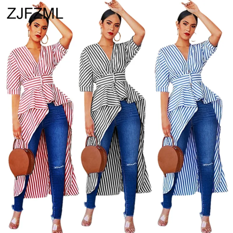 

Blue White Striped Spliced Irregular Blouse Women V Neck Half Sleeve Party Shirts Summer Front High Waist Short Back Long Blouse