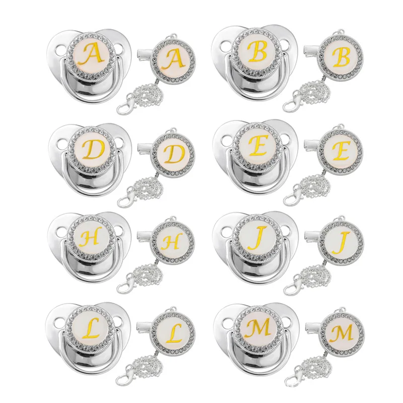 

26 Name Initial Letters Silver Baby Pacifier Clips Chain Silicone Infant Nipple Bling Newborn Dummy BPA Free Baby Soother 6-12M