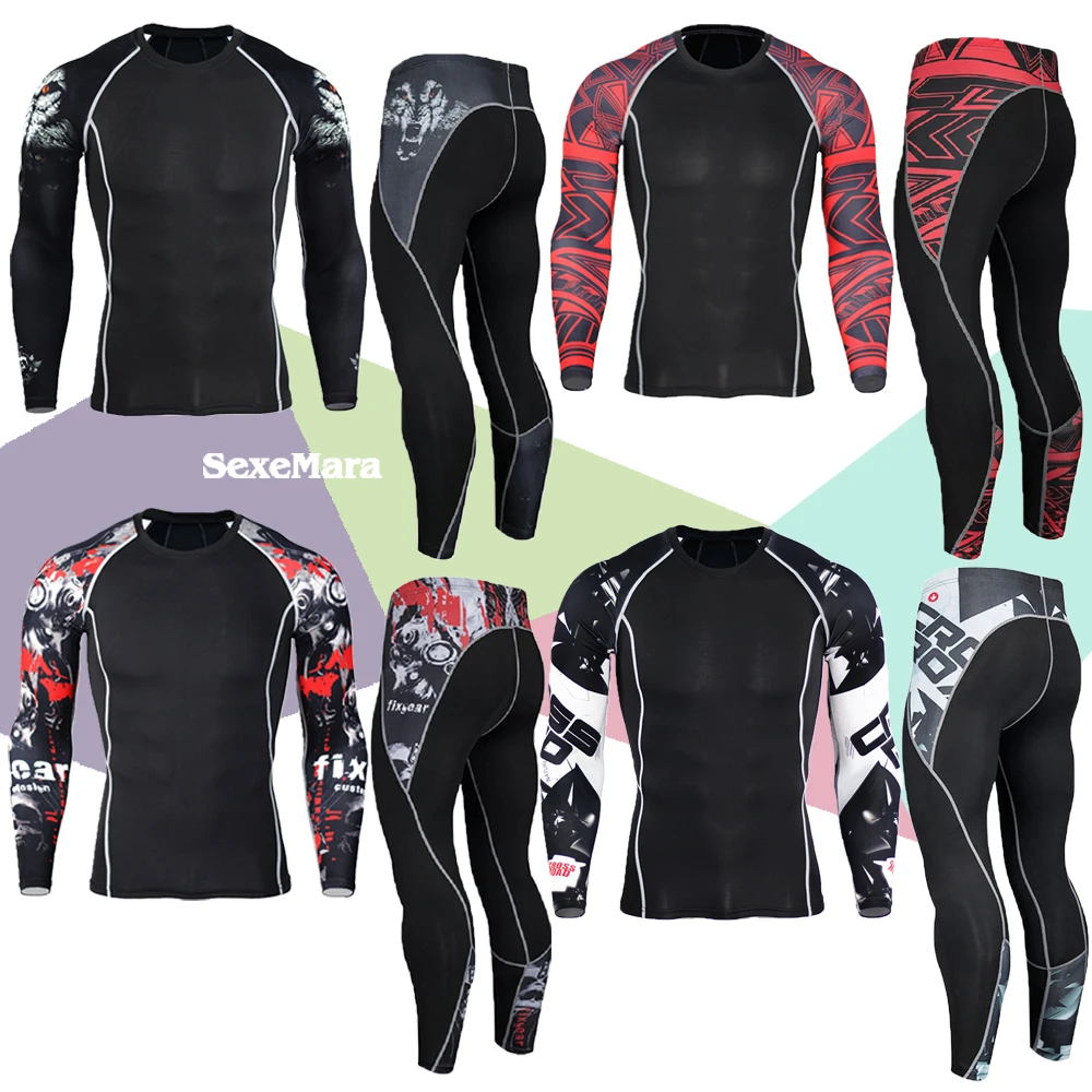 

Men's Compression Set Running Tights Workout Fitness Training Leggings Long Sleeves Shirts Sport Suit Rashgard Male